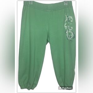 Mike’s Women’s Capri Sweatpants M Green White Paisley w/90 On Leg No Drawstring